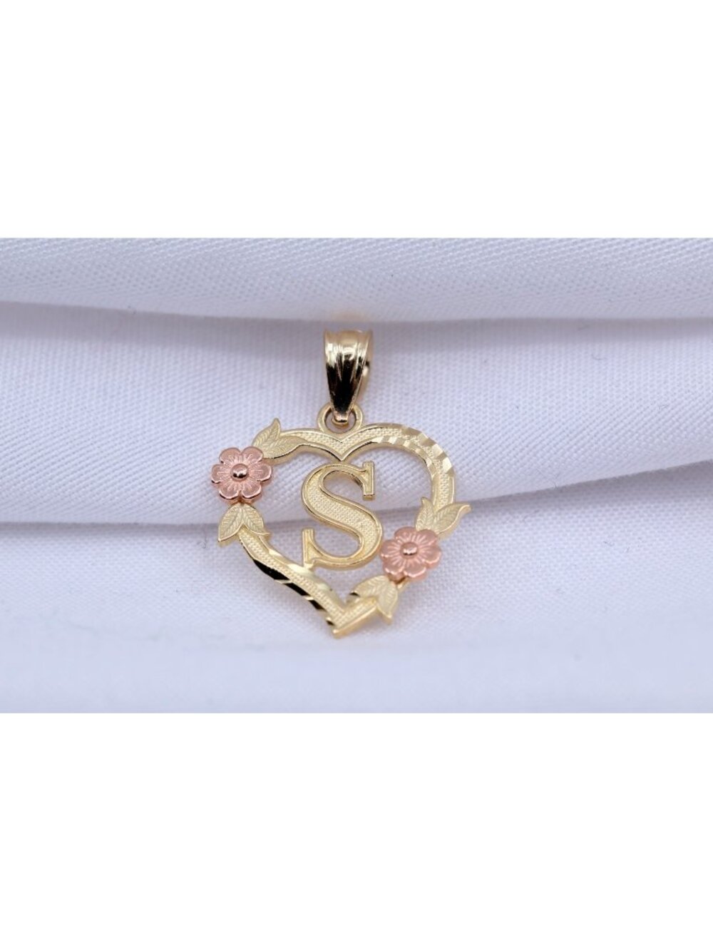 14K Two Tone Multi Color Gold Floral Initial Letter " S " Heart Charm Pendant